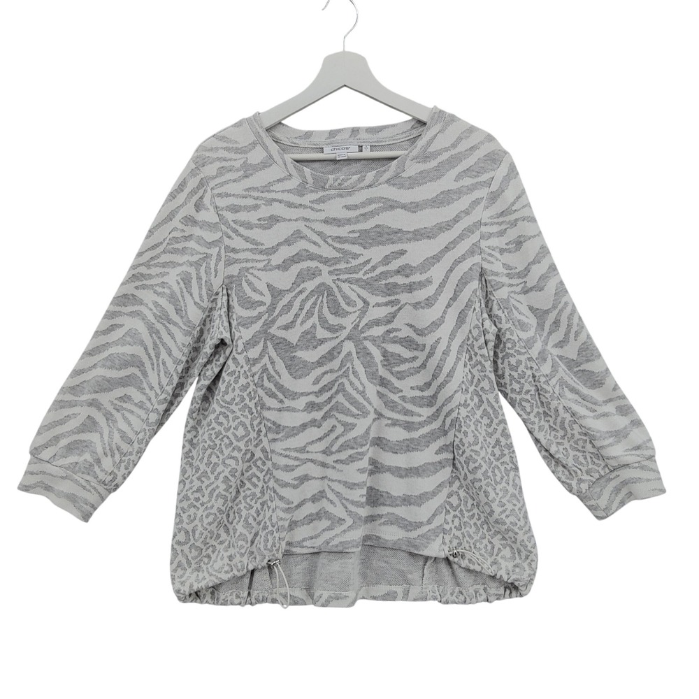 Chicos Animal Zebra Leopard Sweater Gray Knit Crew Neck Long Sleeve Womens Large